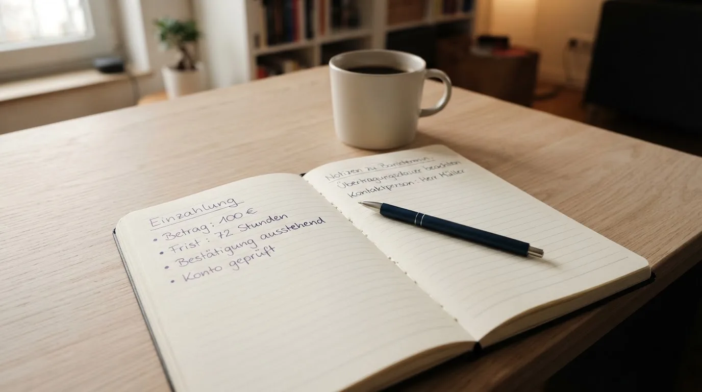 Ein aufgeschlagenes Notizbuch mit handschriftlichen Notizen und ein Kugelschreiber liegen auf einem hellen Schreibtisch neben einer Kaffeetasse.