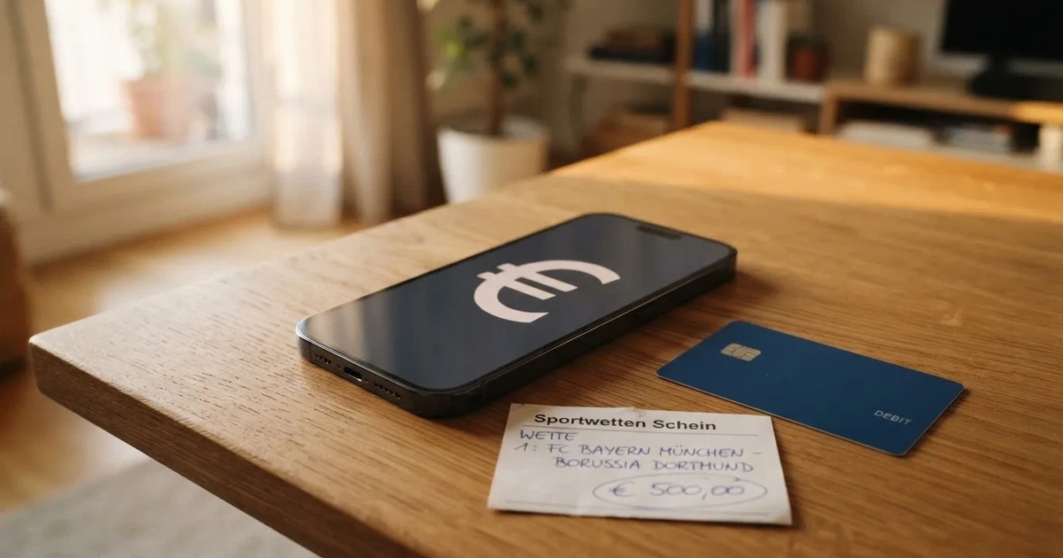 Ein Smartphone liegt mit dem Display nach unten auf einem Holztisch, daneben ein paar Euro-Münzen und eine unbeschriftete Plastikkarte im Morgenlicht.