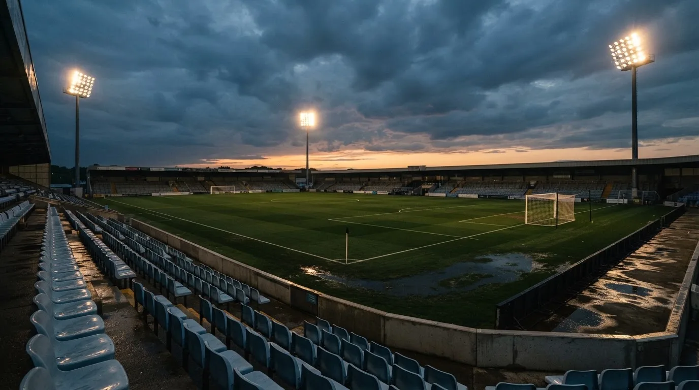 Ein Fußballplatz mit Flutlichtmasten in der Abenddämmerung, aus der Ferne gesehen, leere Tribünen und nasser Rasen unter bewölktem Himmel.