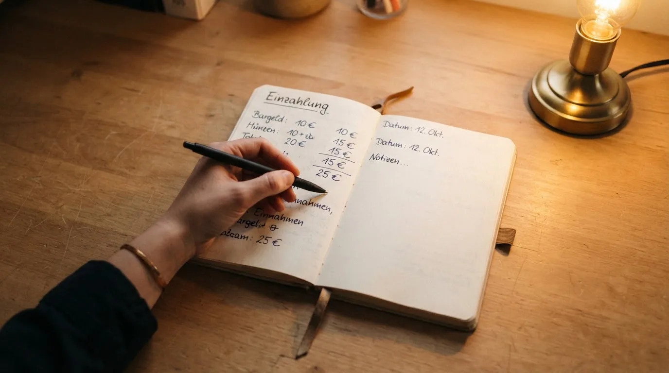 Ein Taschenrechner und ein Blatt Papier mit handschriftlichen Notizen liegen auf einem Schreibtisch unter dem warmen Licht einer Lampe.