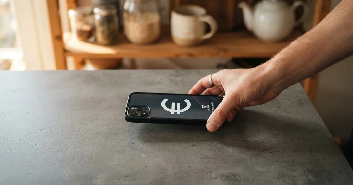 Eine Hand legt ein paar Münzen neben ein umgedrehtes Smartphone auf eine graue Tischplatte, dahinter verschwommen ein Küchenregal.