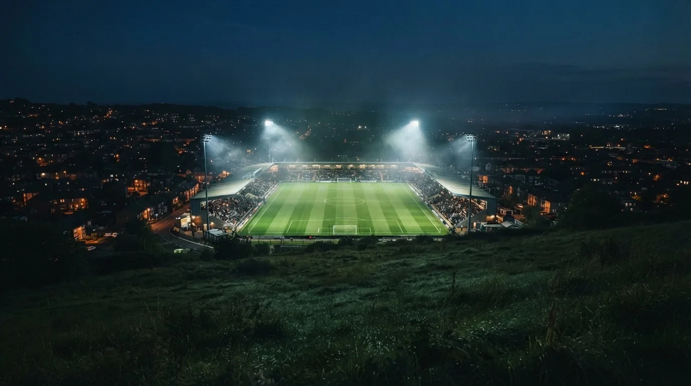 Ein Stadion unter Flutlicht bei Nacht, von einem Hügel aus der Ferne betrachtet, mit Dunst über dem Spielfeld.