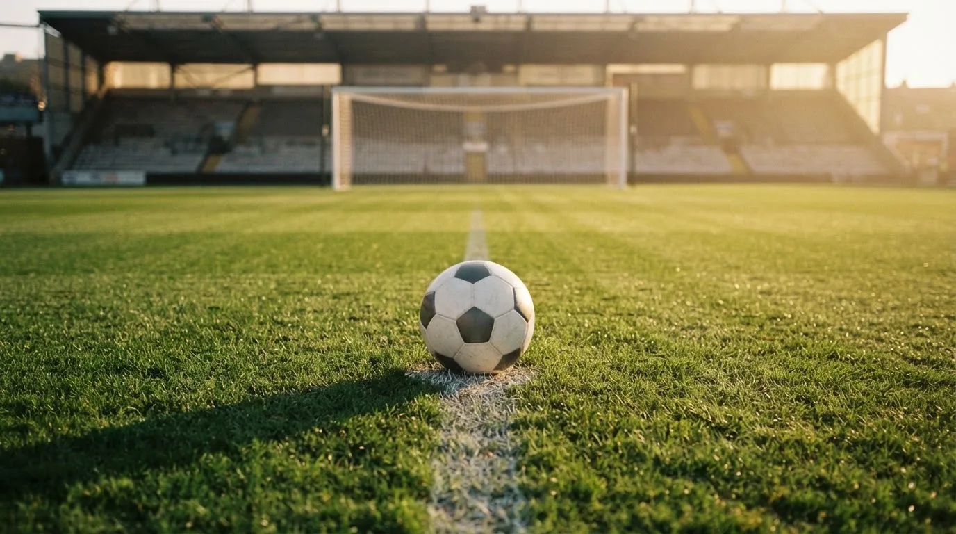 Ein Fußball liegt auf dem Elfmeterpunkt eines leeren Rasenplatzes, im Hintergrund eine Tribüne im Dunst.