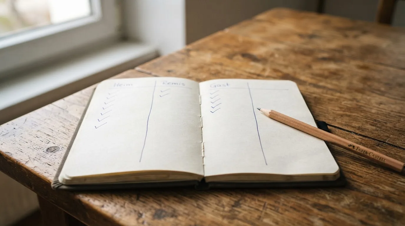 Ein Notizbuch mit drei handgezeichneten Spalten und ein Bleistift liegen auf einem Holztisch, seitlich fällt Tageslicht herein.
