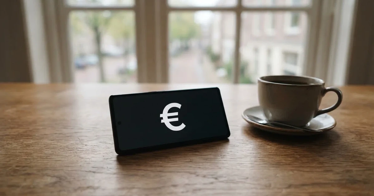 Zwei Euro-Scheine und ein Smartphone liegen auf einem Holztisch neben einer Tasse, im Hintergrund ein unscharfes Fenster.