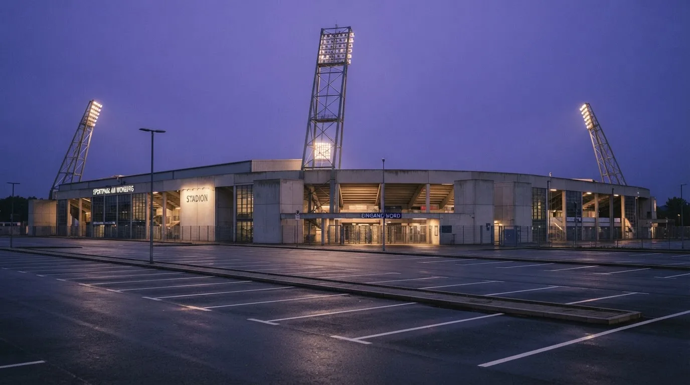 Ein Fußballstadion von außen in der Dämmerung, hohe Flutlichtmasten vor einem violetten Himmel, davor ein leerer Parkplatz.