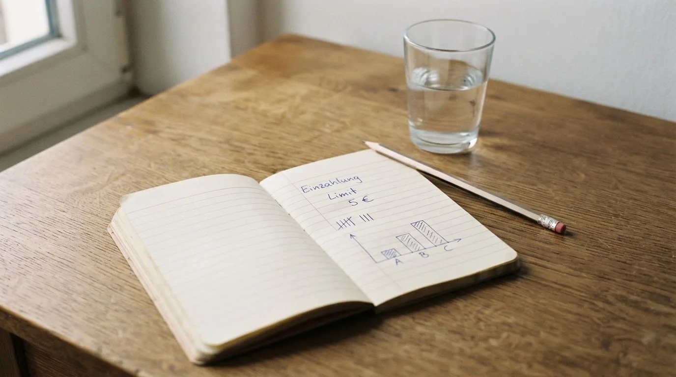 Ein aufgeschlagenes Heft mit handschriftlichen Notizen und ein Bleistift liegen auf einem Schreibtisch, daneben ein Glas Wasser.