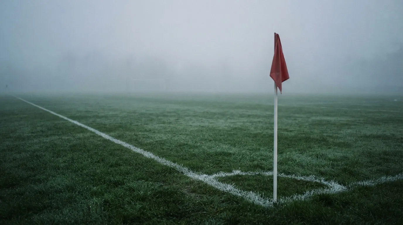 Der Rand eines Spielfelds mit weißer Linie und Eckfahne bei Nebel am frühen Morgen, ohne Menschen.