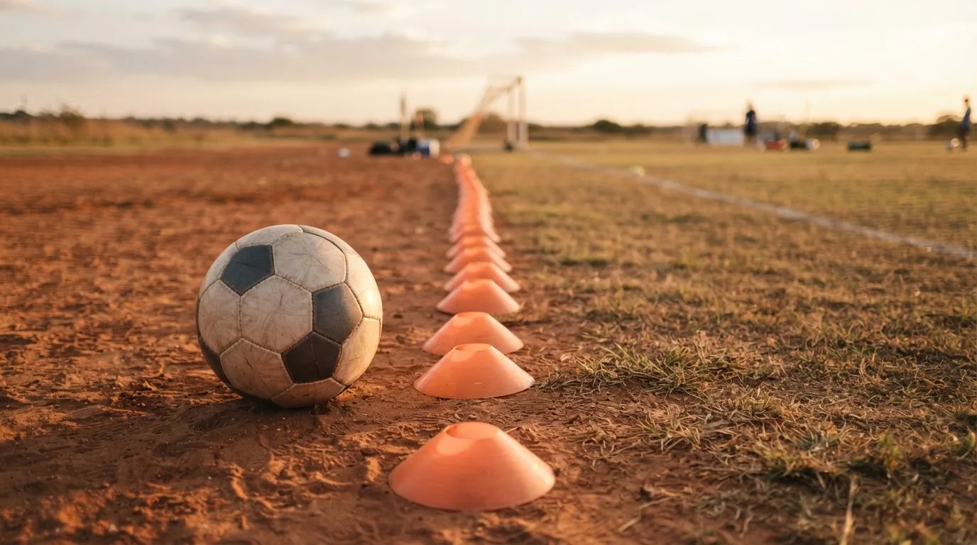 Ein Fußball auf rotem Sandboden neben einer Reihe Hütchen auf einem Trainingsplatz bei untergehender Sonne.