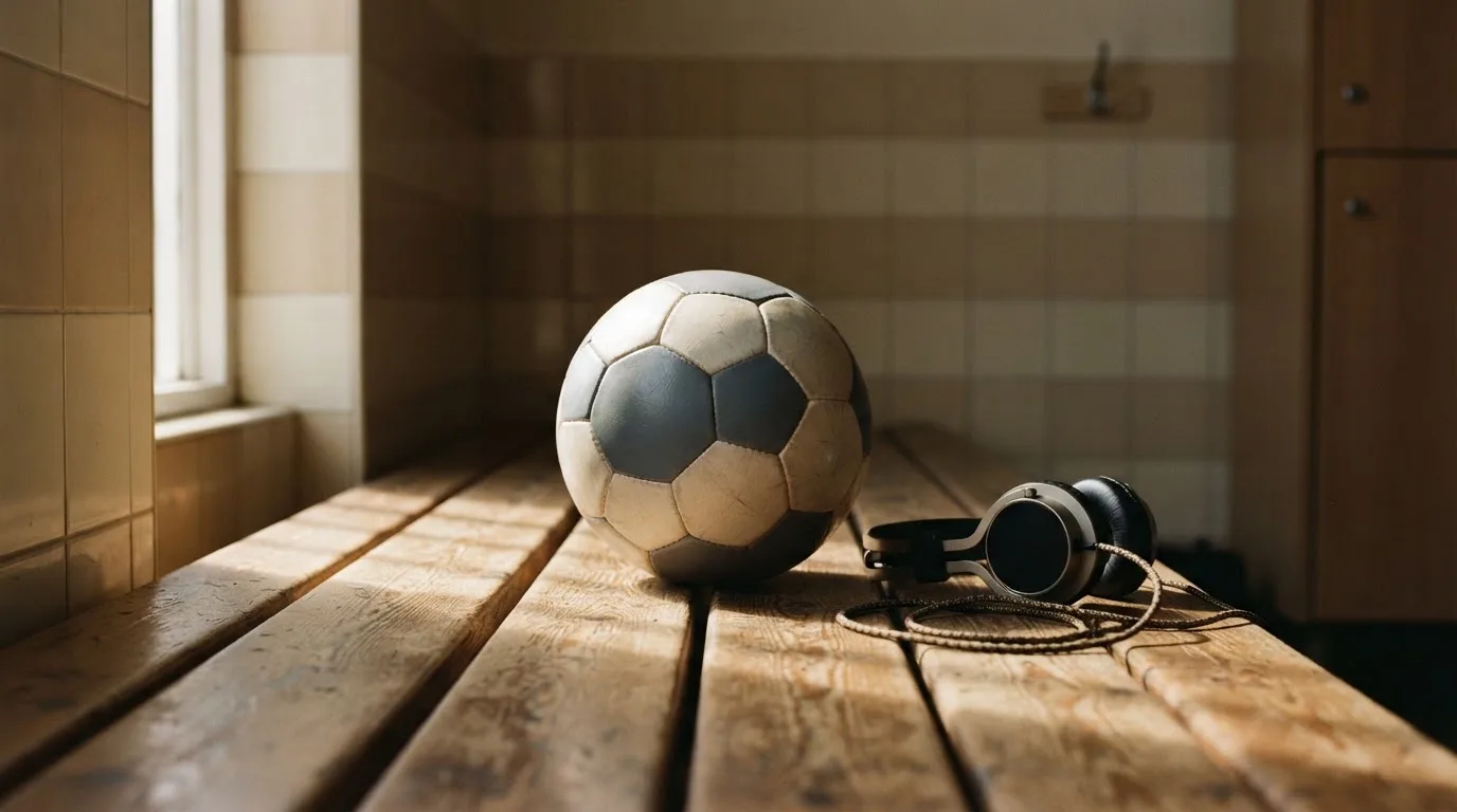 Ein Fußball liegt neben Kopfhörern auf einer Holzbank in einer Umkleide, Licht fällt durch ein schmales Fenster.