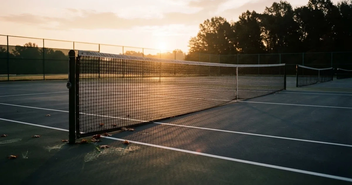 Ein leerer Tennisplatz mit Hartplatzbelag in der Morgendämmerung, das Netz im Gegenlicht und lange Schatten der Linien.