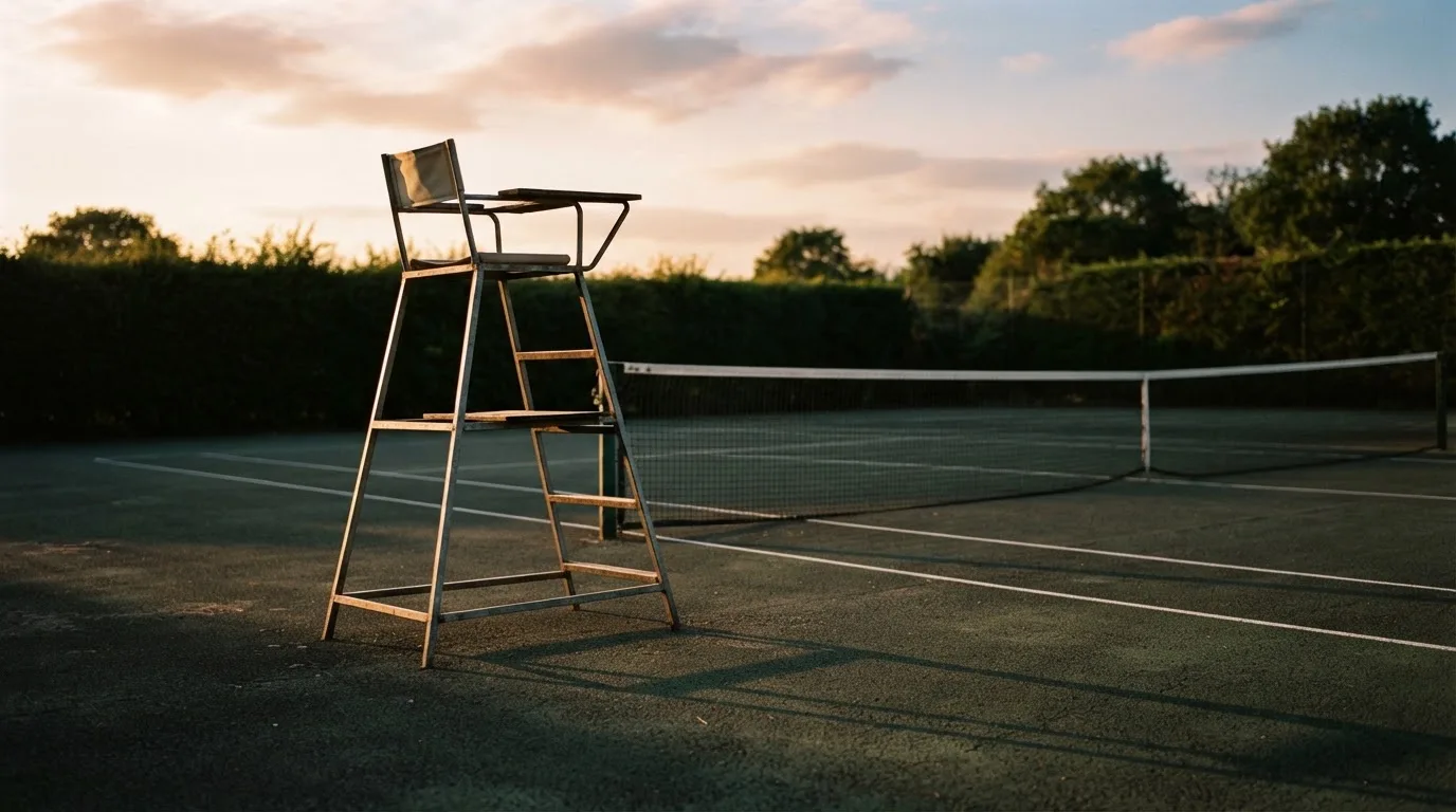 Ein leerer Schiedsrichterstuhl am Spielfeldrand eines Tennisplatzes im Abendlicht, lange Schatten auf dem Belag.