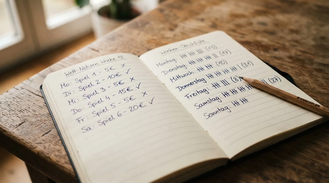 Ein handschriftlich geführtes Heft mit Strichlisten liegt neben einem Bleistift auf einem Tisch, seitlich fällt Tageslicht herein.
