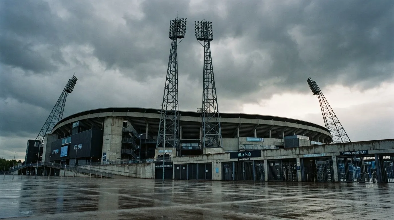 Ein leeres Stadion von außen, hohe Flutlichtmasten vor einem grauen Himmel mit Regenwolken.