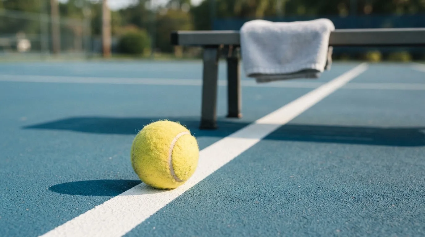 Ein gelber Tennisball liegt auf einer weißen Linie, daneben ein Handtuch auf einer Bank am Spielfeldrand.