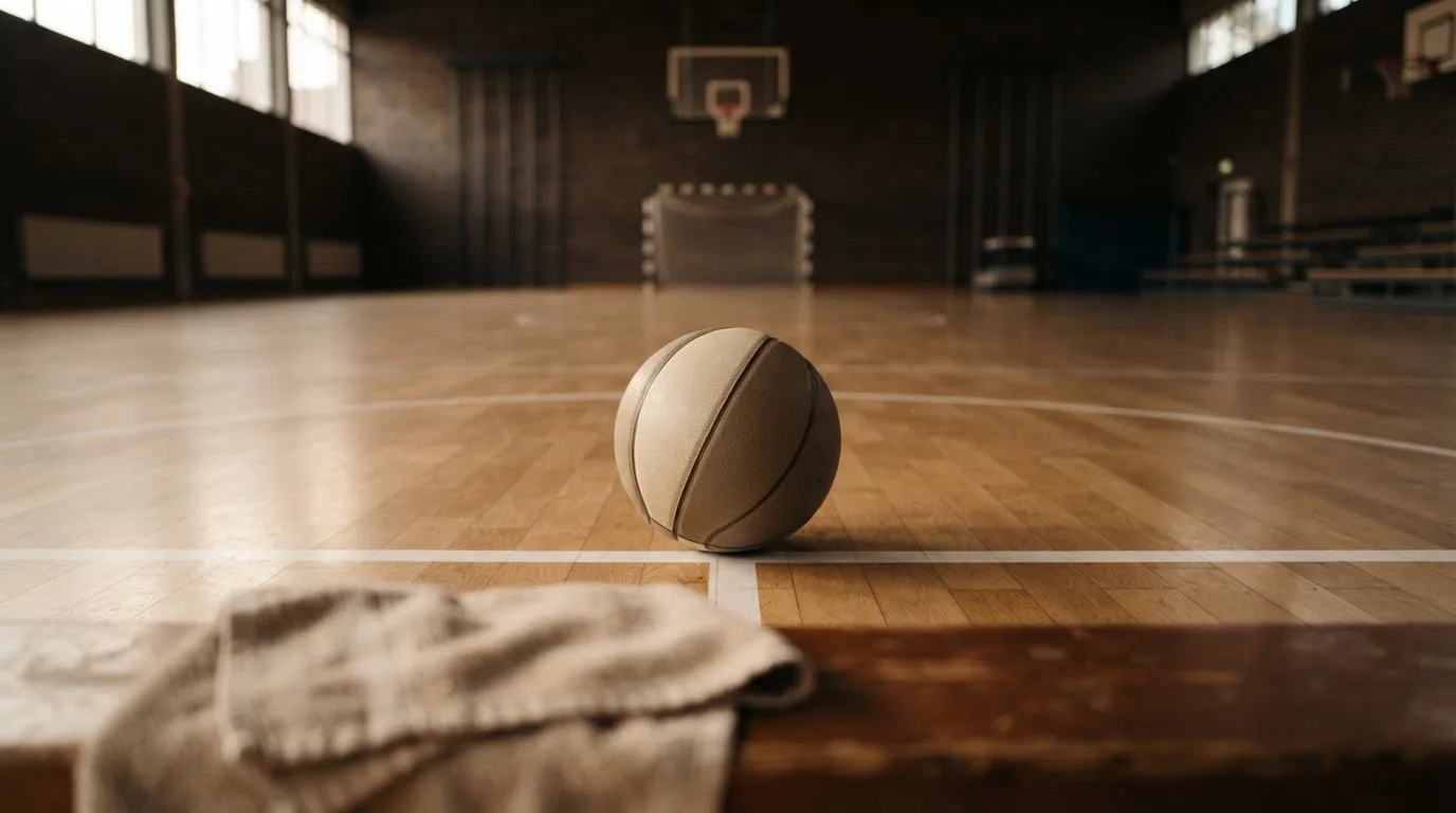 Ein Basketball liegt auf der Freiwurflinie einer Halle, im Vordergrund ein Handtuch auf einer Bank.