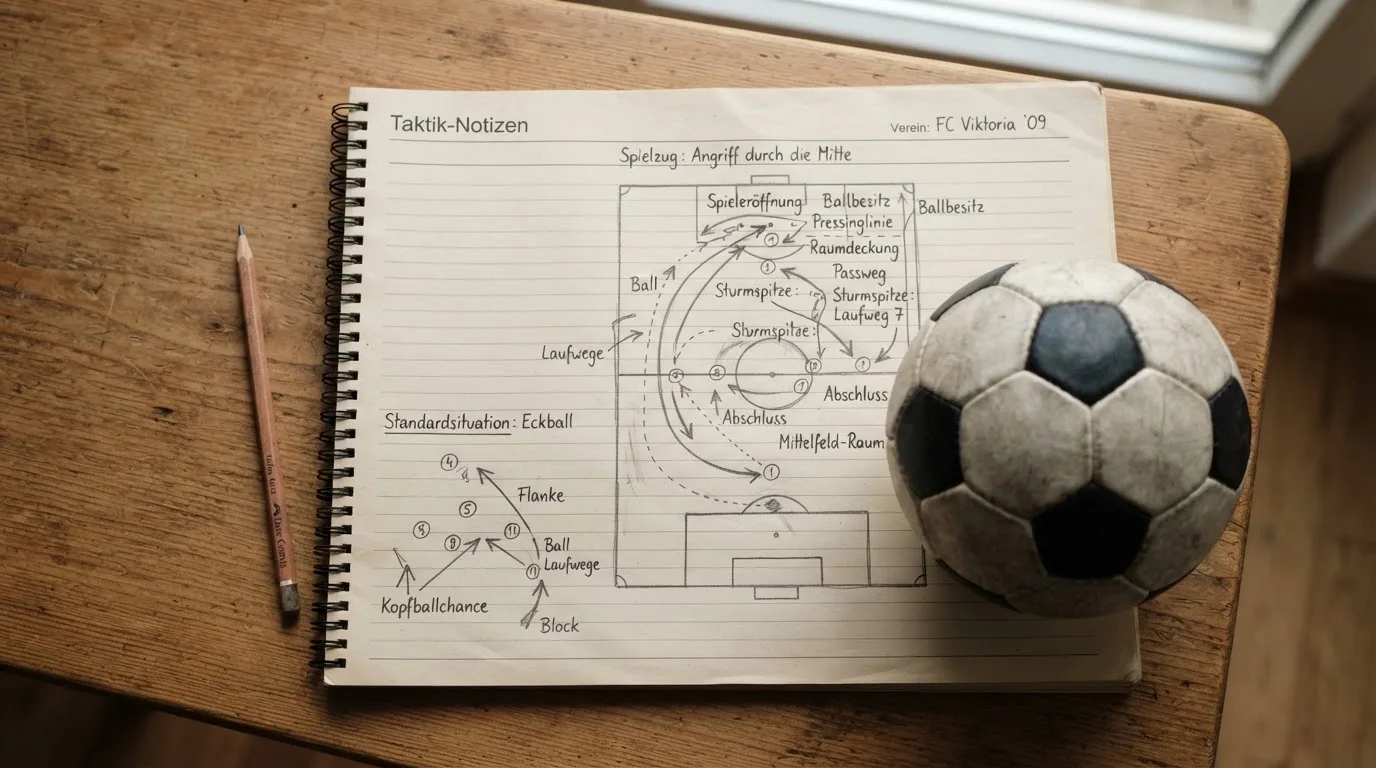 Ein Fußball liegt auf einem Notizbuch mit handgezeichneten Skizzen von Spielzügen, aufgenommen von oben auf einem Holztisch.