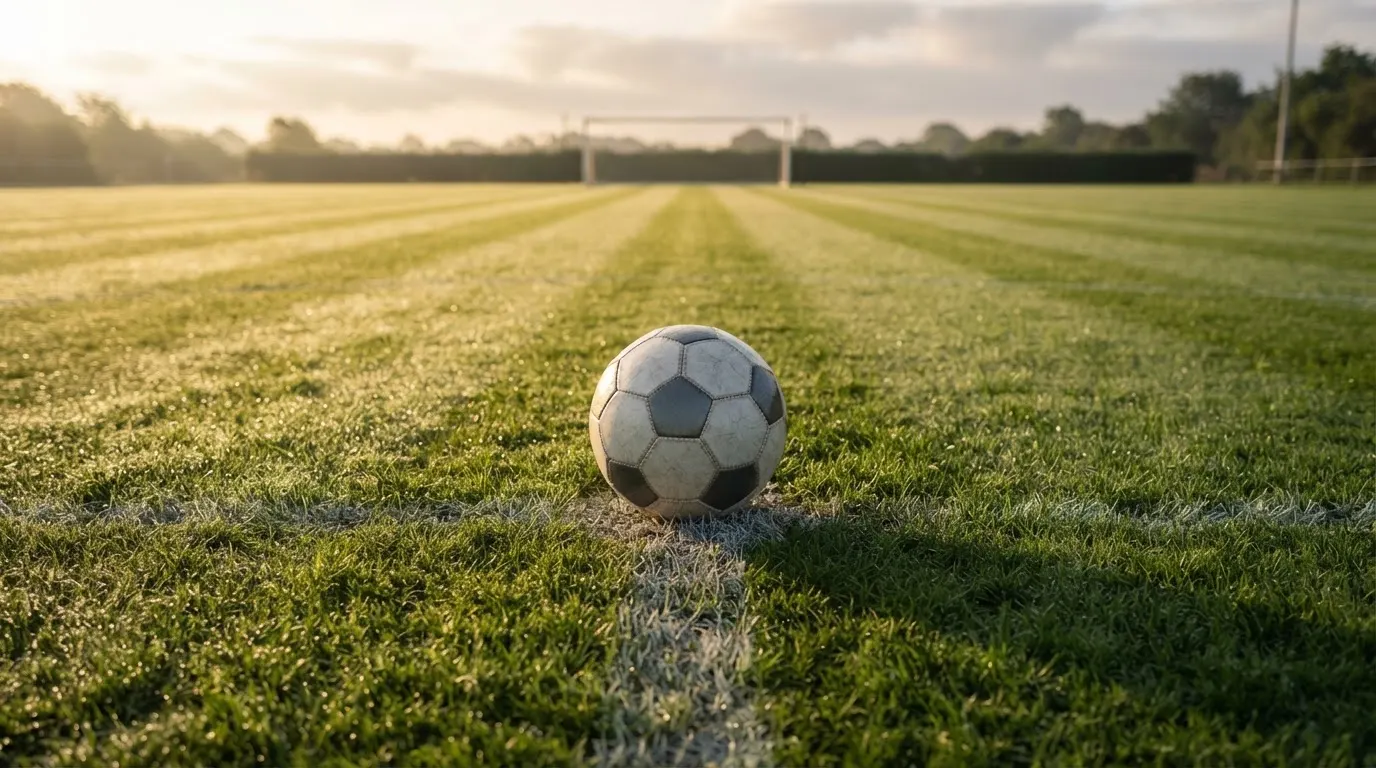 Ein Fußball liegt auf dem Anstoßpunkt eines Rasens bei Sonnenaufgang, Tau glitzert auf den Halmen.
