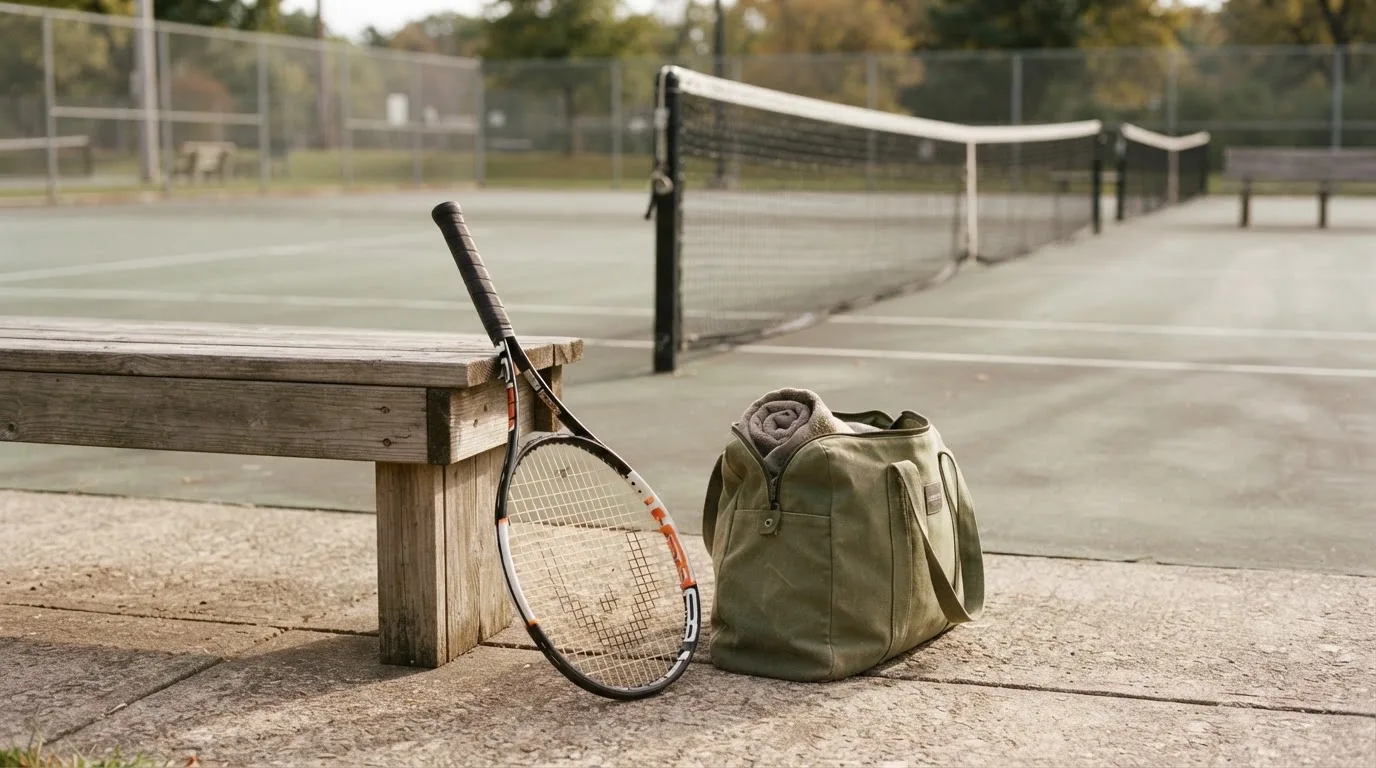 Ein Tennisschläger lehnt an einer Bank neben einer Sporttasche, im Hintergrund ein leerer Platz.