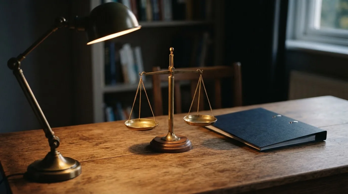 Eine Waage aus Messing und ein geschlossener Ordner ohne Beschriftung stehen neben einer Tischlampe auf einem Schreibtisch.