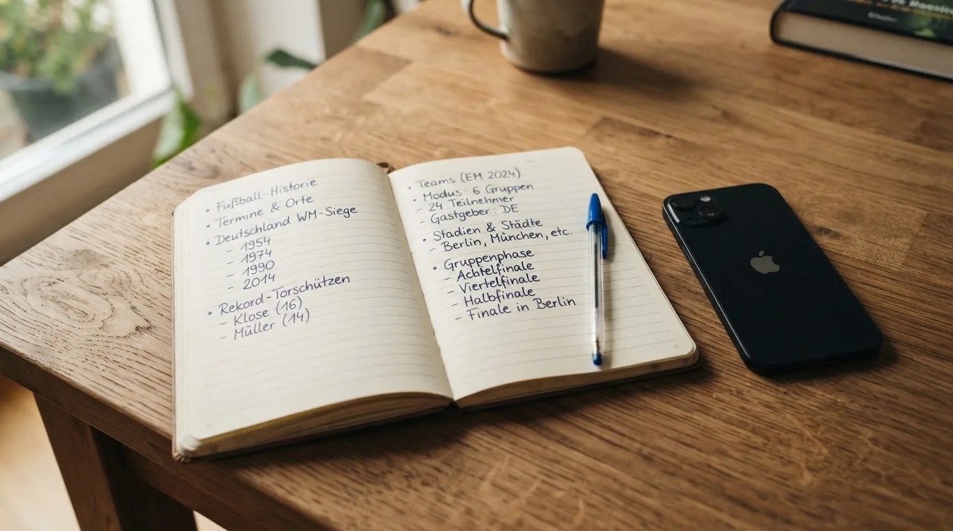 Ein Notizbuch mit handschriftlichen Notizen und ein Kugelschreiber liegen neben einem Smartphone mit dunklem Display auf einem Holztisch.