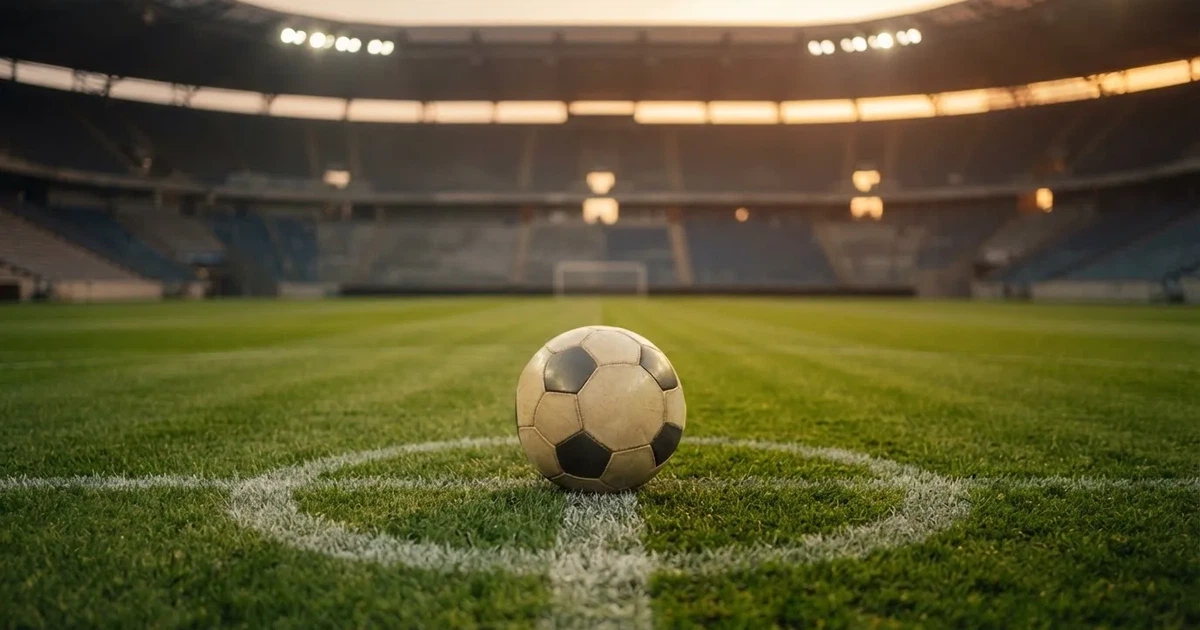 Ein Fußball liegt auf dem Anstoßpunkt eines leeren Rasenplatzes, im Hintergrund eine große Stadiontribüne im Abendlicht.