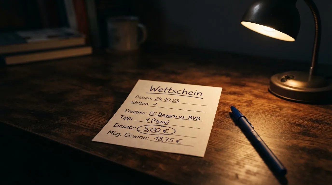 Ein leerer Wettschein aus Papier liegt neben einem Stift auf einem Schreibtisch im Licht einer kleinen Tischlampe.