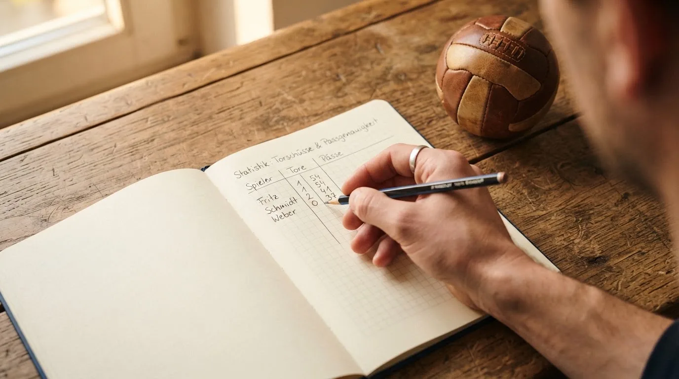 Eine Hand notiert mit Bleistift Zahlen in ein kariertes Heft, daneben liegt ein kleiner Lederfußball auf einer Holzplatte.