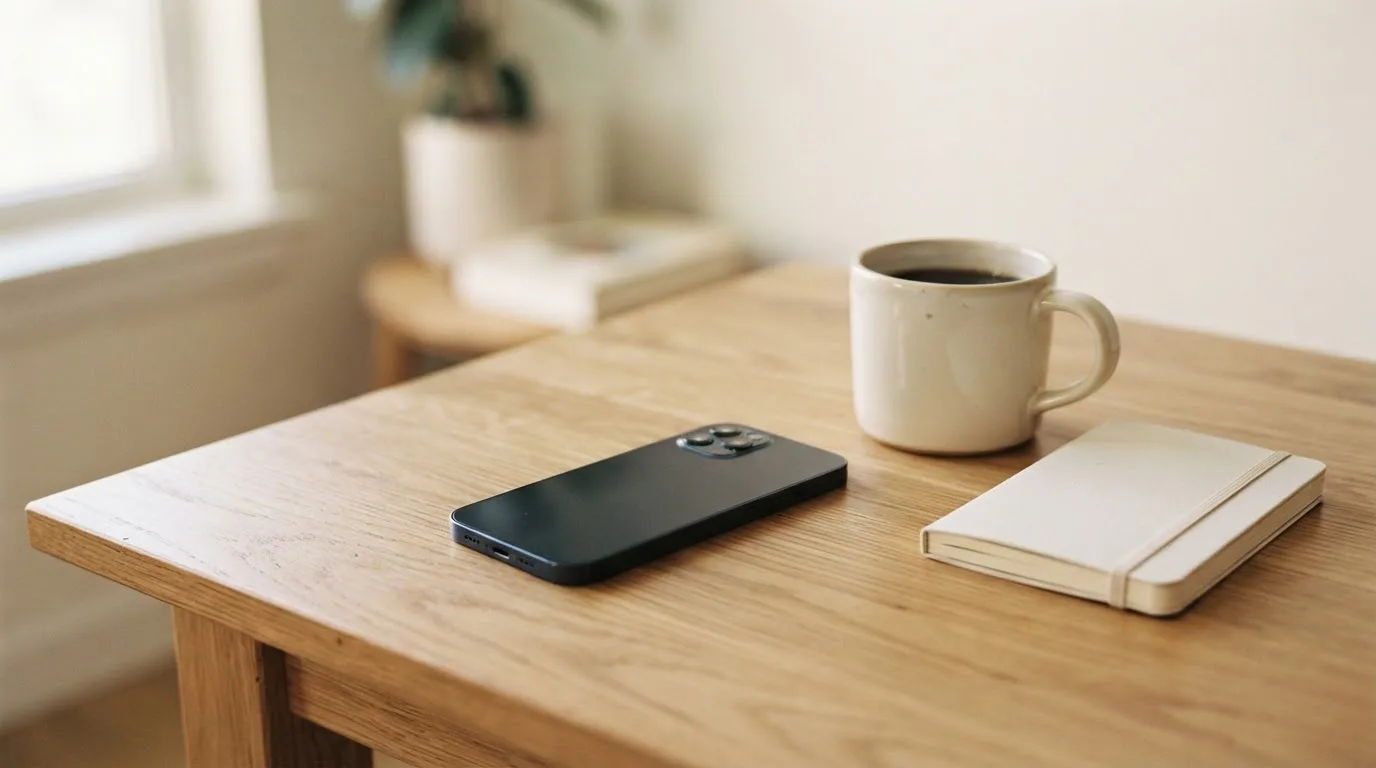 Ein Smartphone mit dunklem Display liegt neben einer Kaffeetasse und einem Notizblock auf einem hellen Tisch.