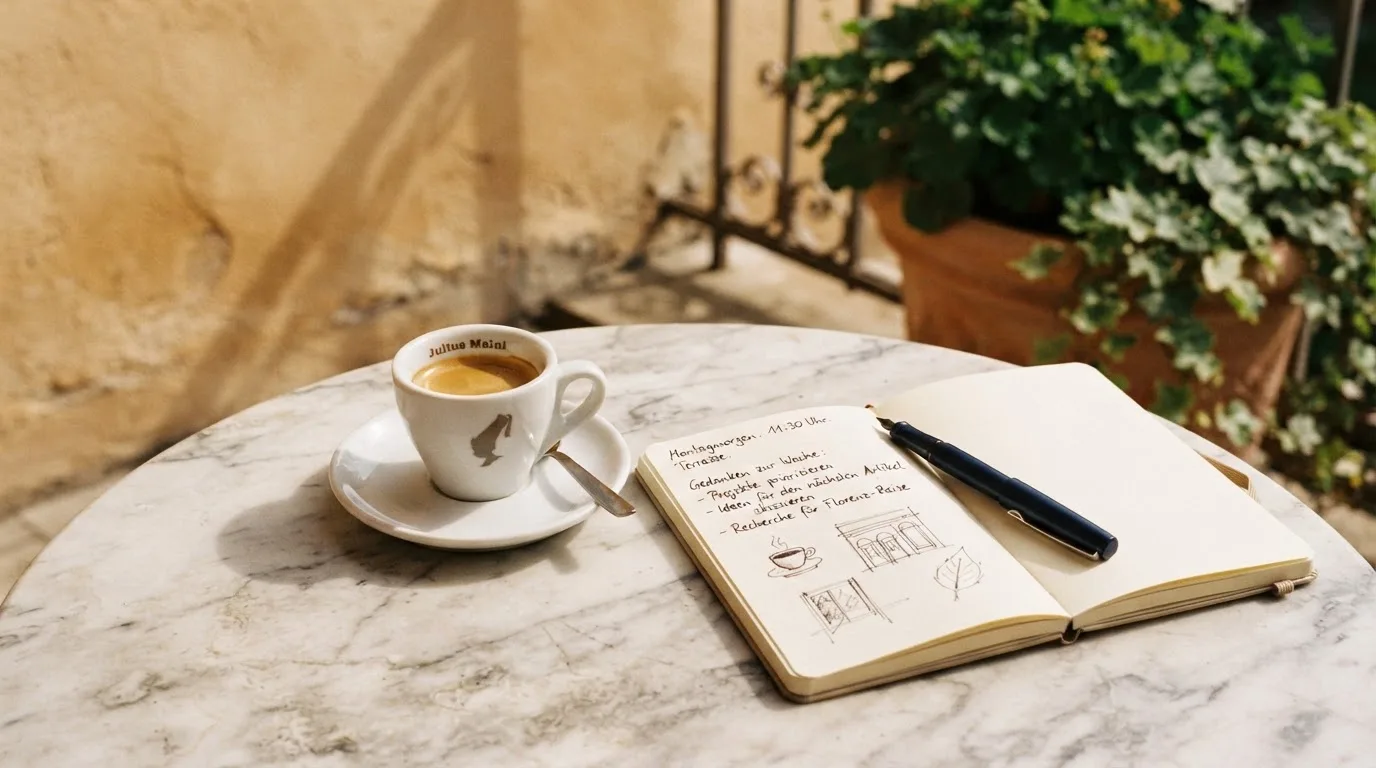 Eine Espressotasse steht auf einem kleinen Marmortisch einer Terrasse, daneben ein Notizheft mit handschriftlichen Skizzen.