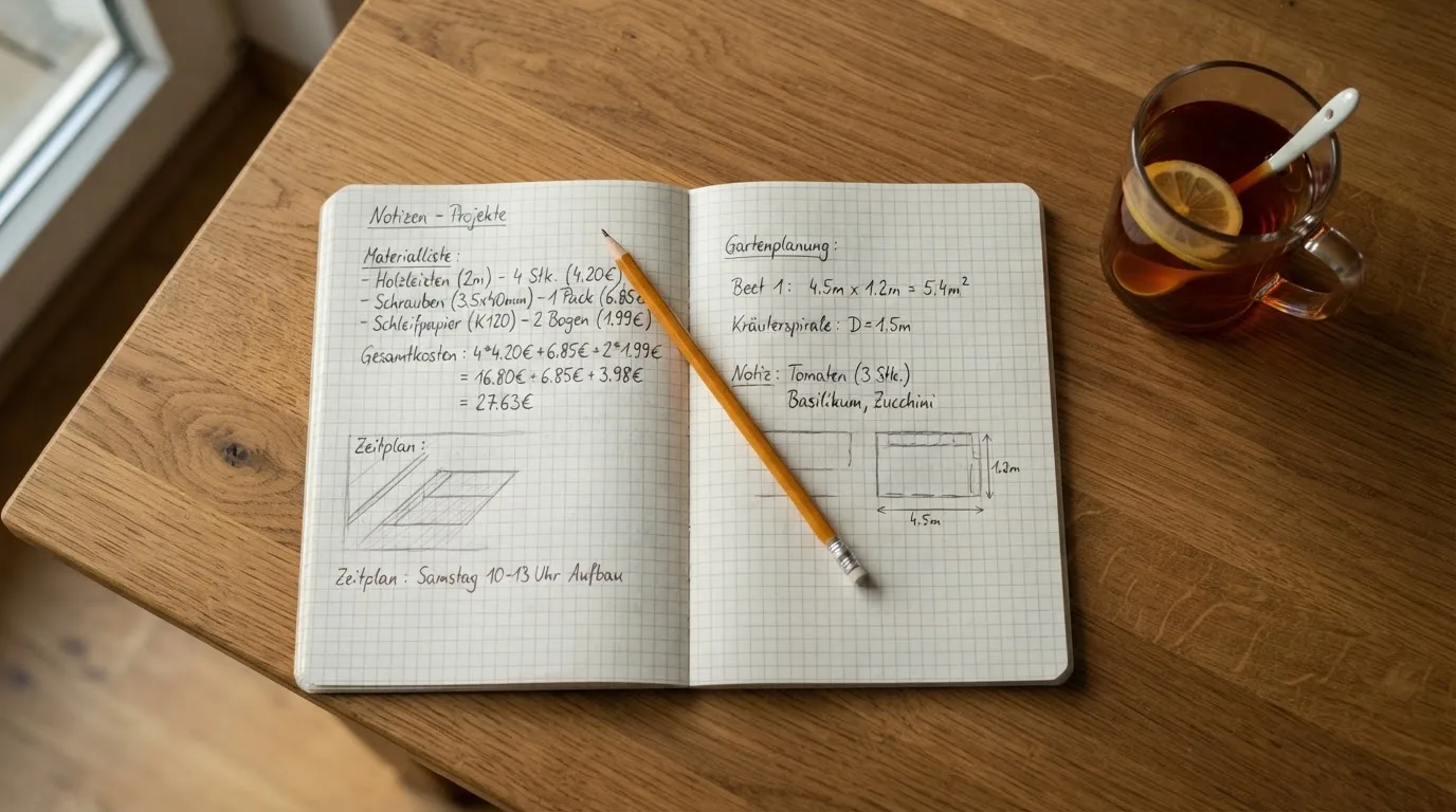 Ein Taschenrechner und ein Bleistift liegen auf einem karierten Notizblock neben einem Glas Tee auf einem Holztisch.