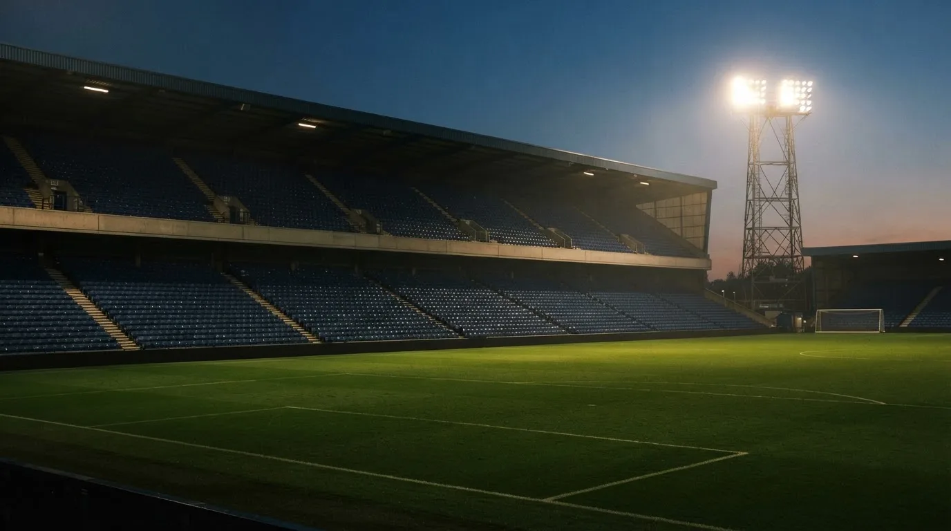 Eine leere Stadiontribüne unter Flutlicht aus der Ferne betrachtet, die Rasenfläche leuchtet grün in der Dämmerung.