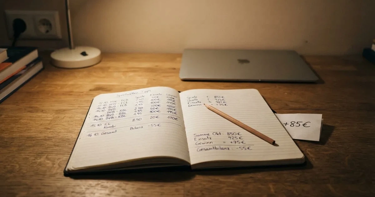Ein aufgeschlagenes Notizbuch mit handschriftlichen Zahlenreihen und ein Bleistift liegen neben einem Taschenrechner auf einem Schreibtisch.
