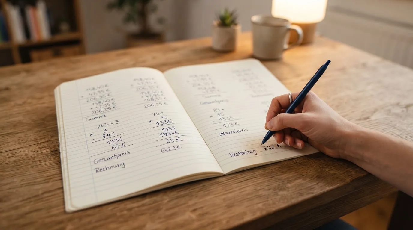 Ein Notizbuch mit handschriftlichen Rechnungen und ein Taschenrechner liegen auf einem aufgeräumten Schreibtisch in warmem Licht.