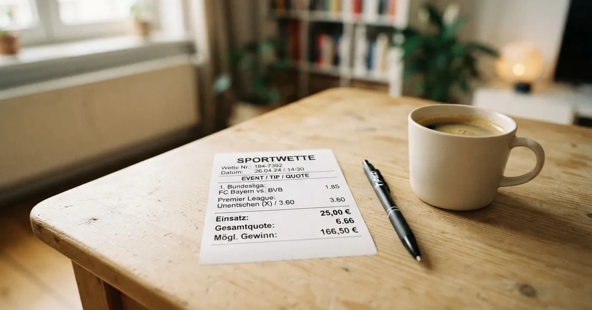 Ein leerer Papier-Wettschein liegt neben einem Kugelschreiber und einer Kaffeetasse auf einem hellen Holztisch, Tageslicht von links.