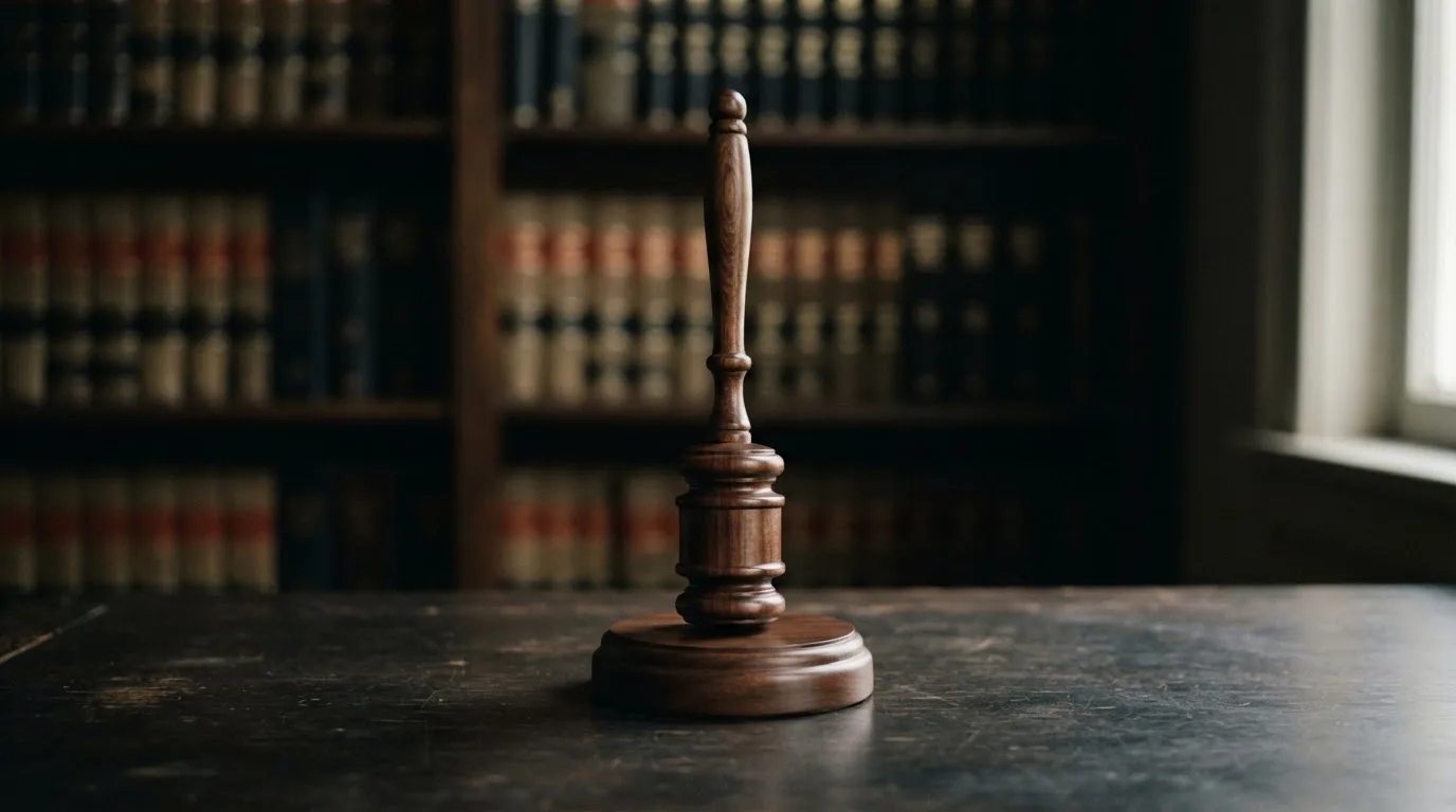 Ein Richterhammer aus Holz steht auf einer dunklen Schreibtischplatte, im Hintergrund ein unscharfes Bücherregal.