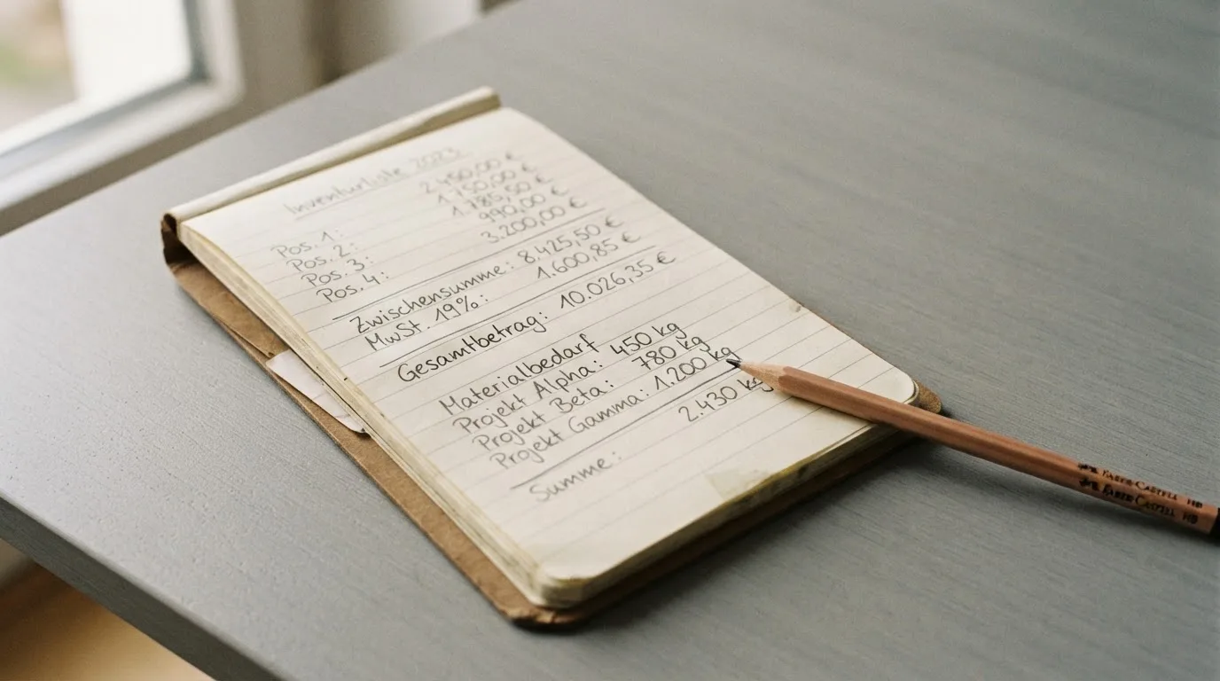 Ein Taschenrechner, ein Bleistift und ein Block mit handschriftlichen Zahlenreihen liegen auf einer grauen Arbeitsfläche.