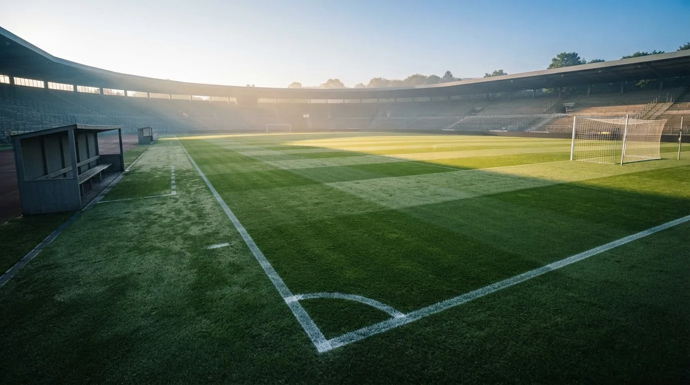 Ein Fußballplatz mit frisch gezogenen Kreidelinien im ersten Morgenlicht, leere Ersatzbänke am Spielfeldrand.