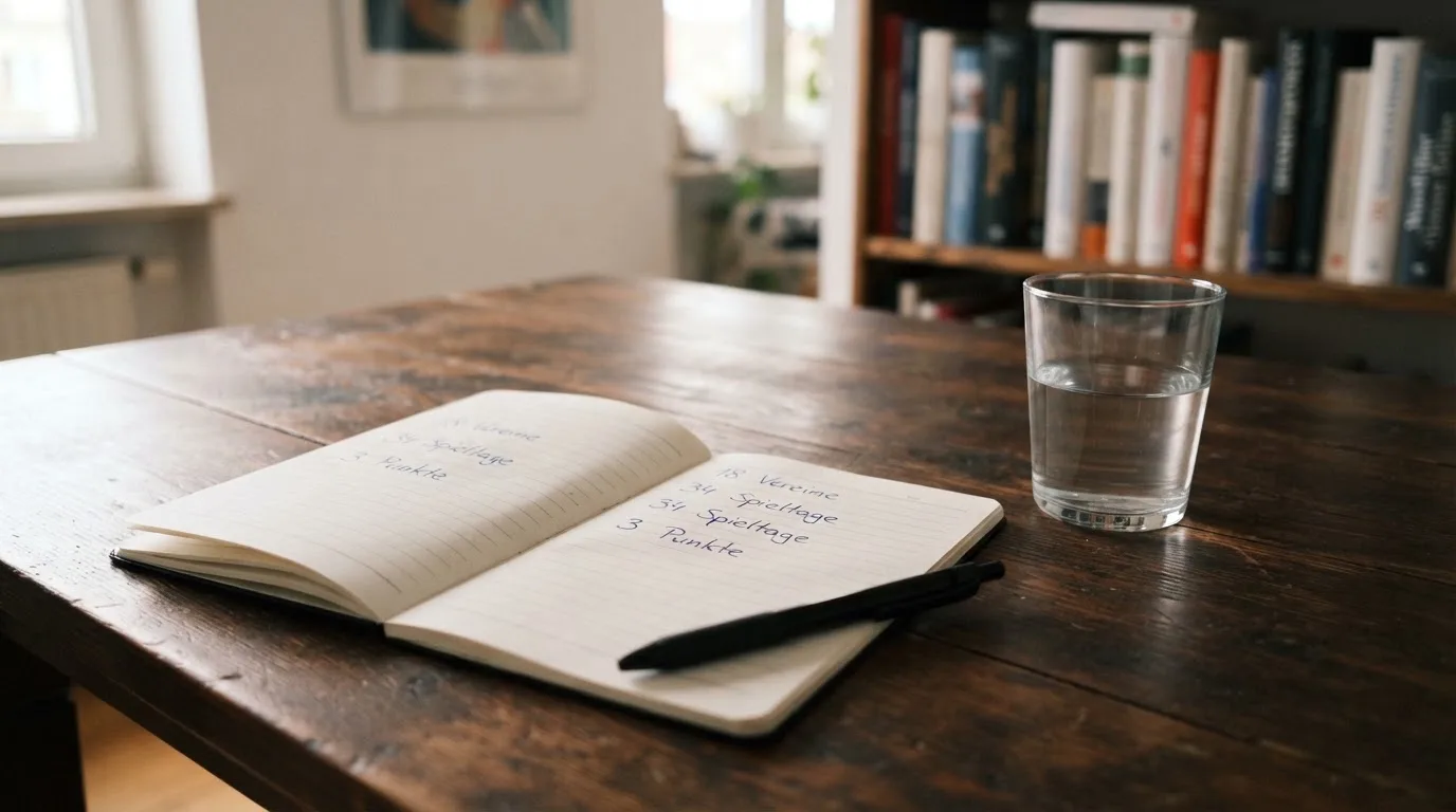 Ein Taschenrechner liegt auf einem Schreibtisch neben einem Block mit handschriftlichen Rechnungen und einem Glas Wasser.