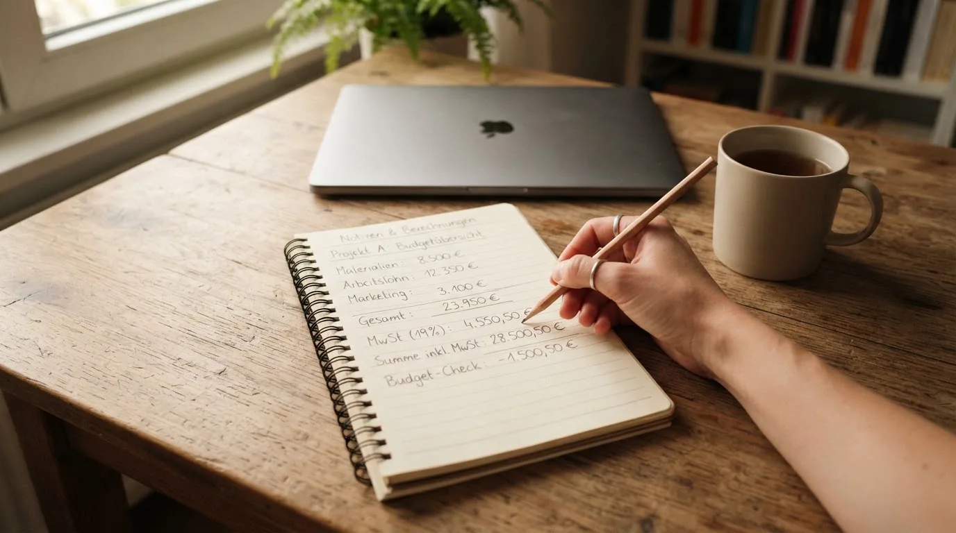 Ein Schreibtisch mit Taschenrechner, Bleistift und einem Block voller handschriftlicher Rechnungen, daneben eine Tasse Tee.