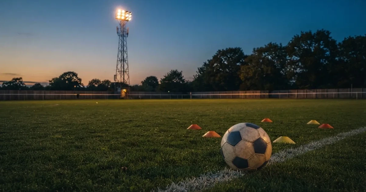 Eine Flutlichtanlage ragt über einen Trainingsplatz, auf dem Rasen liegen verstreut Hütchen und ein Ball, am Himmel die Abenddämmerung.