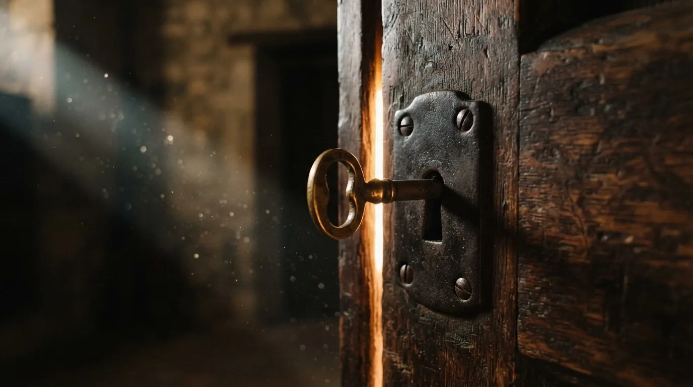 Ein Schlüssel steckt im Schloss einer massiven Holztür, Licht fällt durch einen schmalen Spalt.