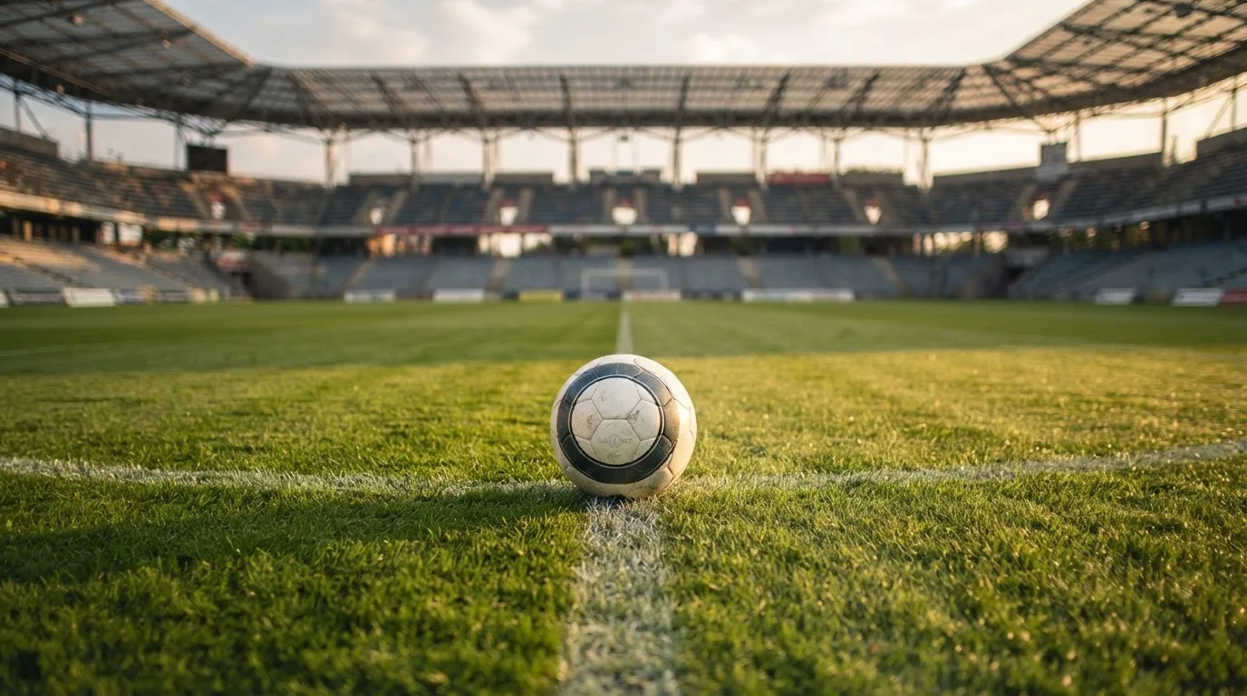 Ein Fußball liegt auf dem Rasen im Mittelkreis, die Kreidelinien führen scharf ins Bild, dahinter verschwimmt eine Tribüne.