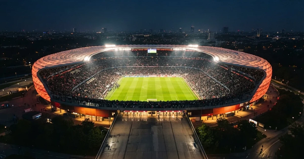 Ein großes Stadion bei Nacht, aus der Ferne unter Flutlicht gesehen, die Ränge hell erleuchtet, der Rasen leuchtend grün.