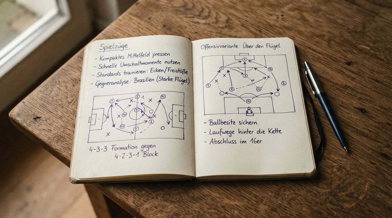 Ein aufgeschlagenes Notizbuch mit handschriftlichen Skizzen von Spielzügen liegt neben einem Kugelschreiber auf einem Holztisch.