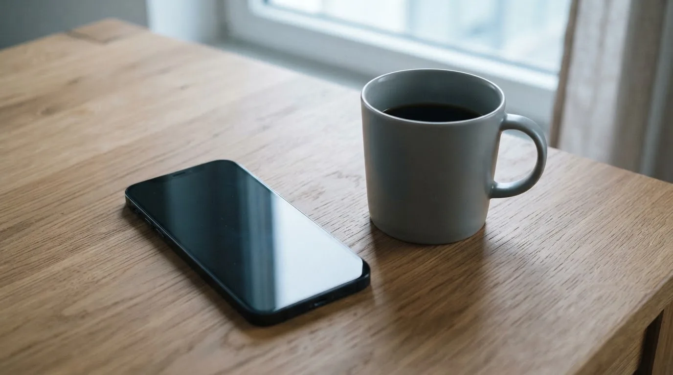Ein Smartphone mit dunklem Display liegt neben einer Kaffeetasse auf einem Holztisch im Licht eines Fensters.