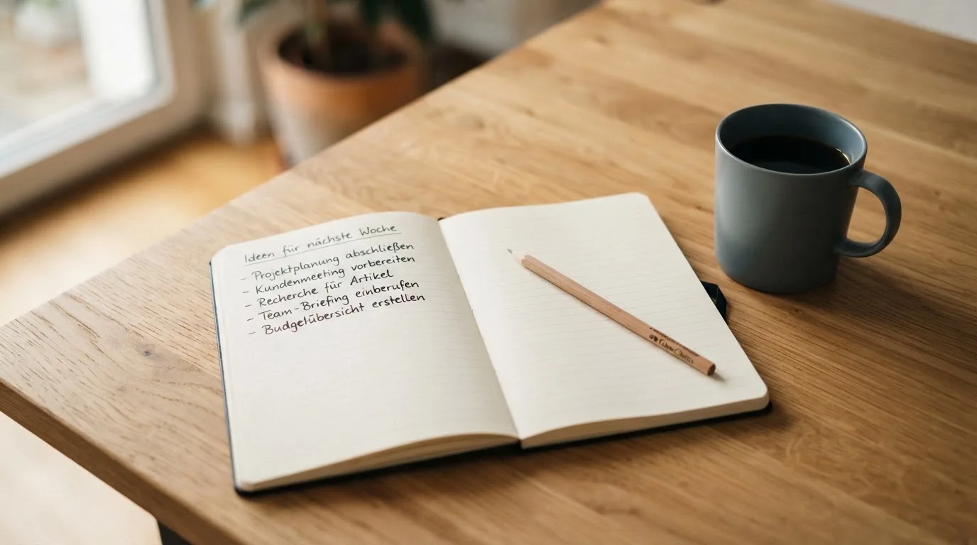 Ein aufgeschlagenes Notizbuch mit handgeschriebenen Stichpunkten und ein Bleistift liegen neben einer Kaffeetasse auf einem hellen Holztisch.