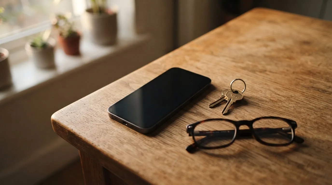 Ein Smartphone liegt mit dunklem Display auf einem Holztisch neben einem Schlüsselbund und einer Brille im Licht eines Fensters.
