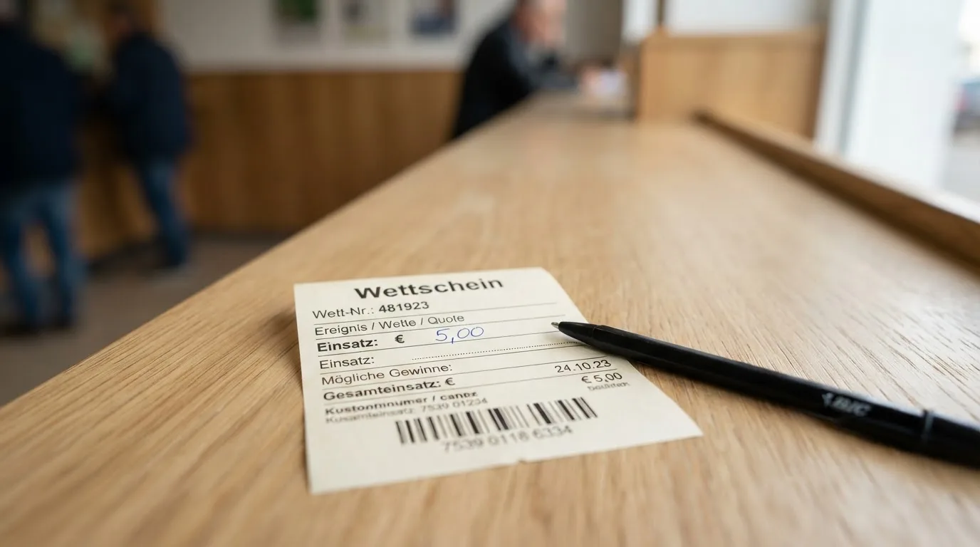 Ein leerer Papier-Wettschein und ein Kugelschreiber liegen auf einer Theke aus hellem Holz im Tageslicht.