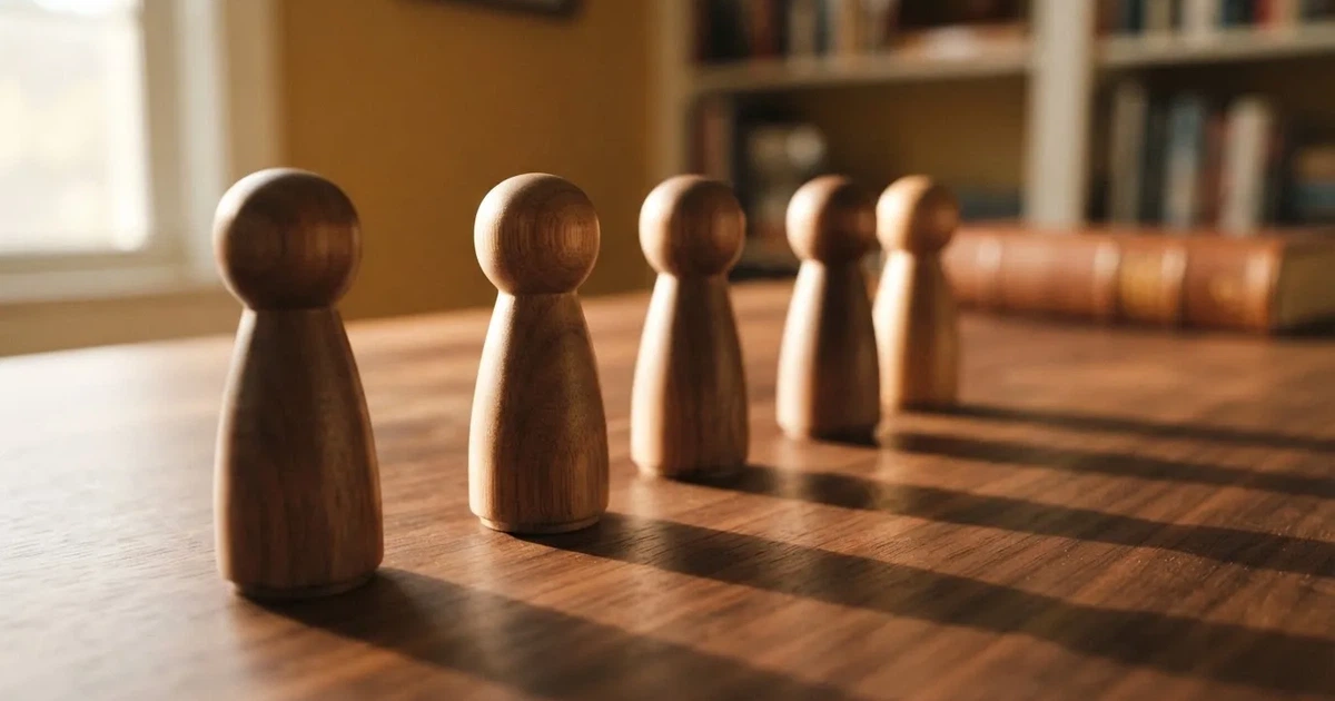 Fünf Holzfiguren stehen in einer Reihe auf einem Tisch, die erste Figur ist leicht nach vorn gerückt.